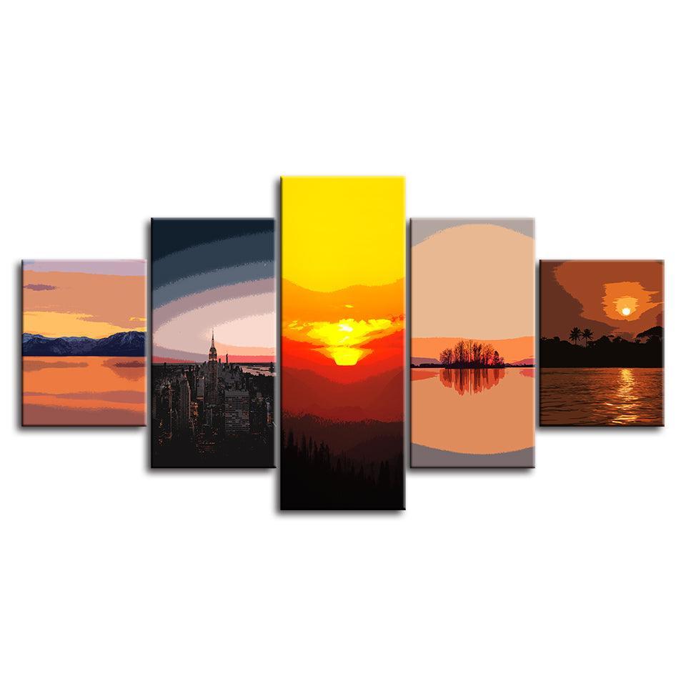 Different Sunsets Collection 5 Piece HD Multi Panel Canvas Wall Art Frame-Original Frame