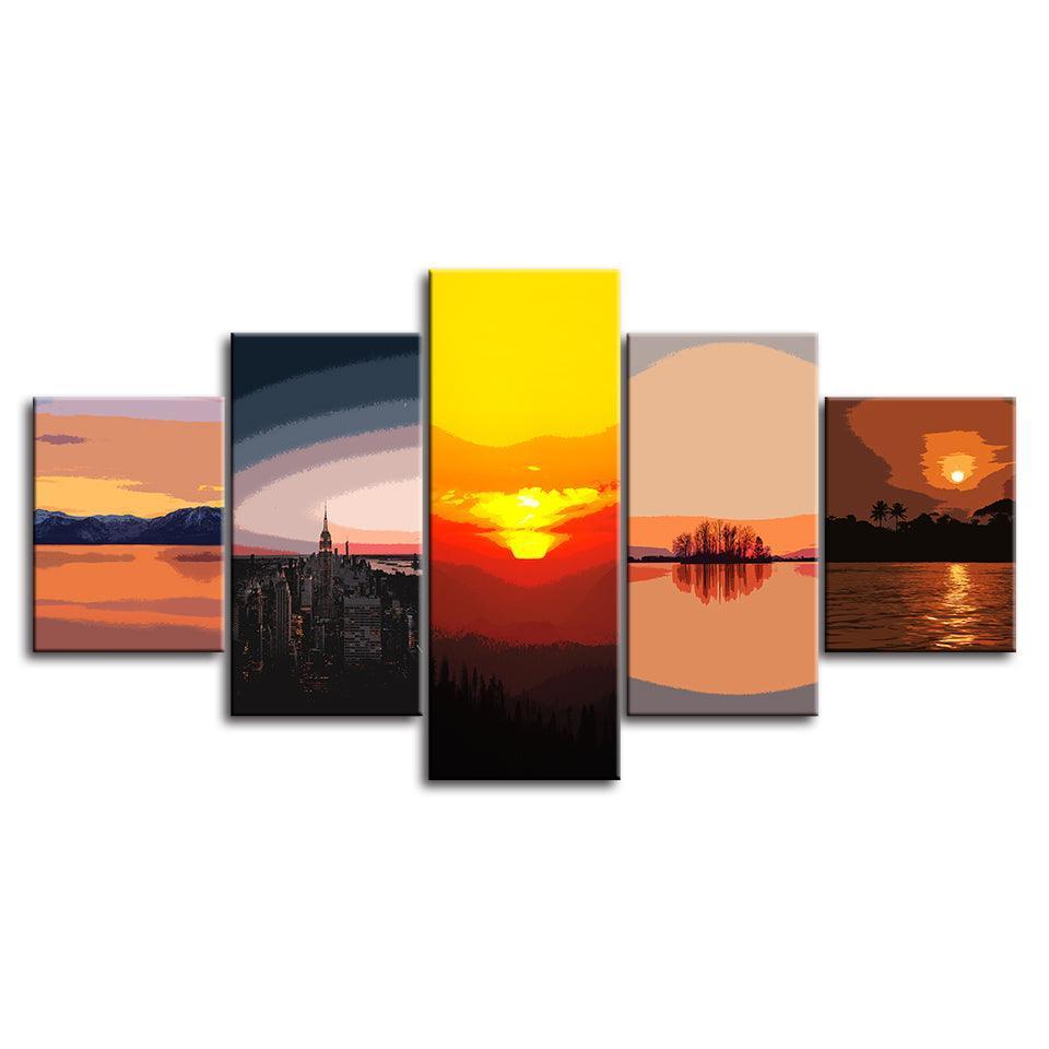 Different Sunsets Collection 5 Piece HD Multi Panel Canvas Wall Art Frame-Original Frame