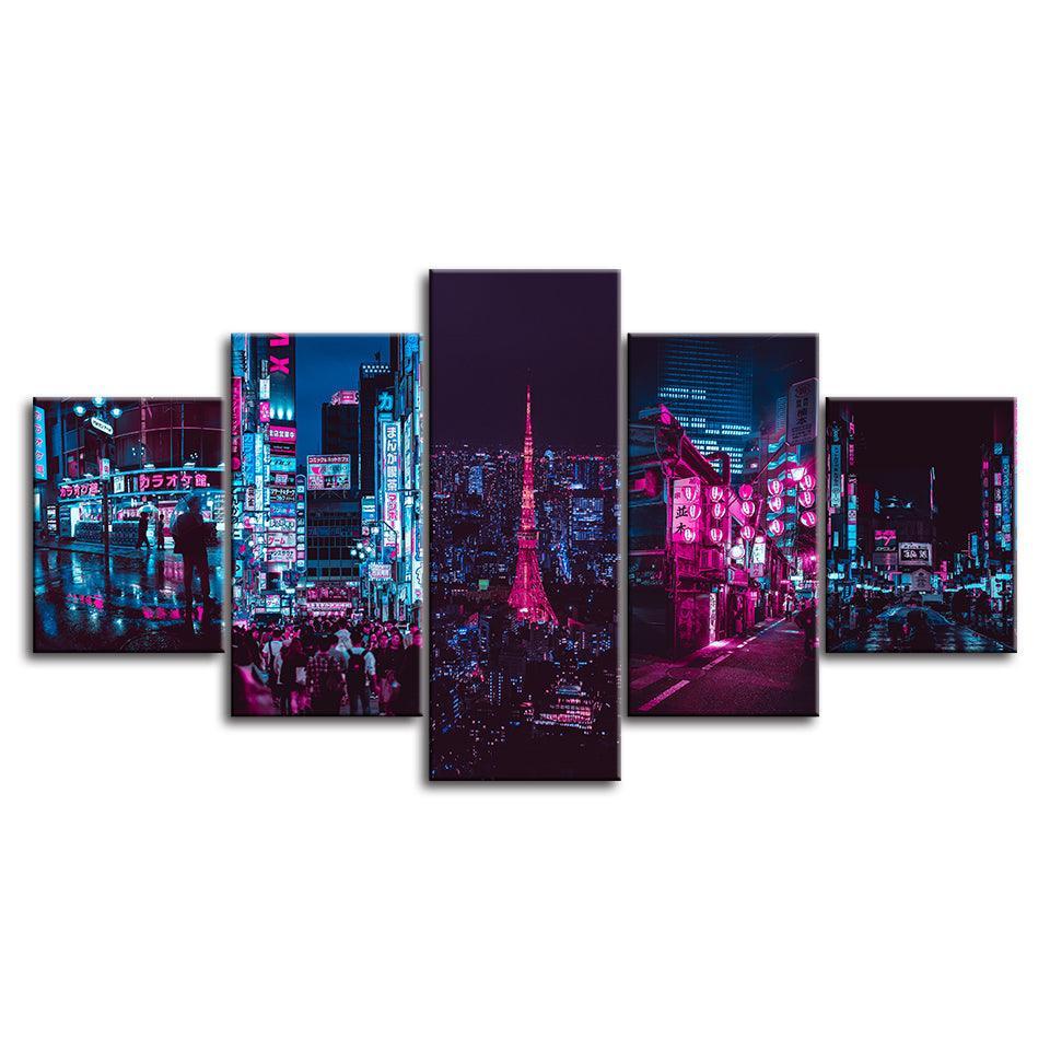 The Neon City Light 5 Piece HD Multi Panel Canvas Wall Art Frame-Original Frame