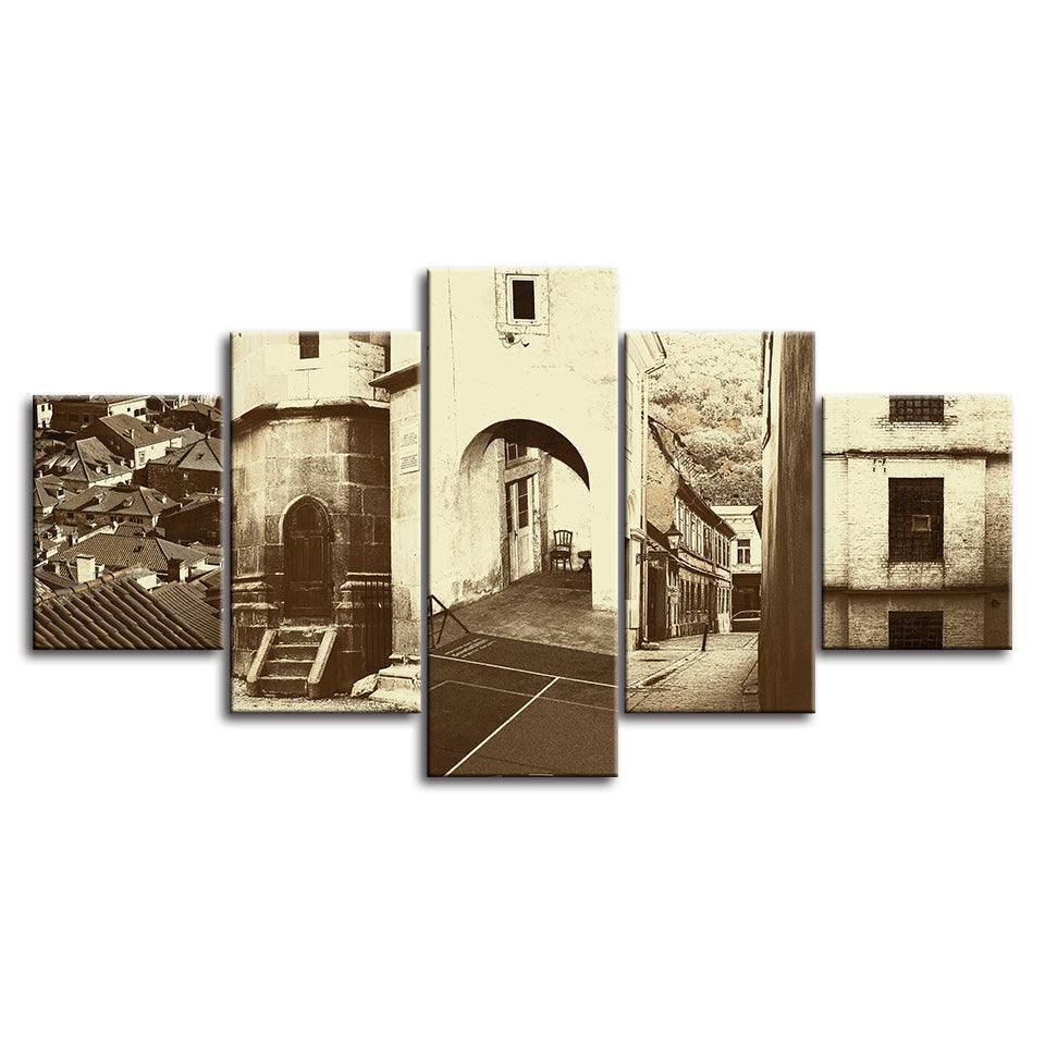 The Vintage Brown Town 5 Piece HD Multi Panel Canvas Wall Art Frame-Original Frame