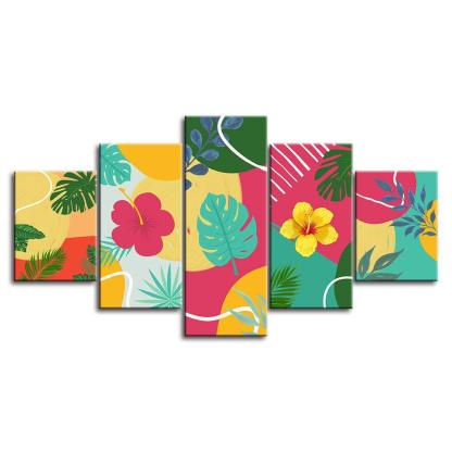 Tropical Leaves Of Summer 5 Piece HD Multi Panel Canvas Wall Art Frame-Original Frame