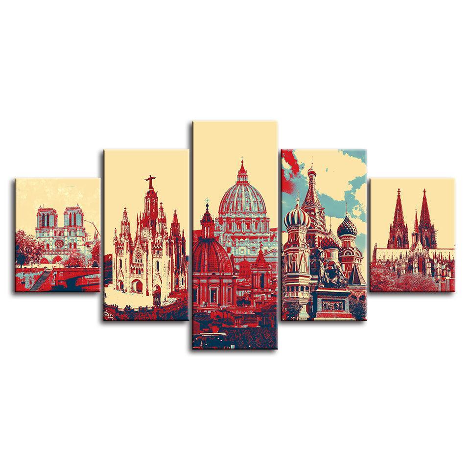 Blue And Red Landscapes Collection 5 Piece HD Multi Panel Canvas Wall Art Frame-Original Frame