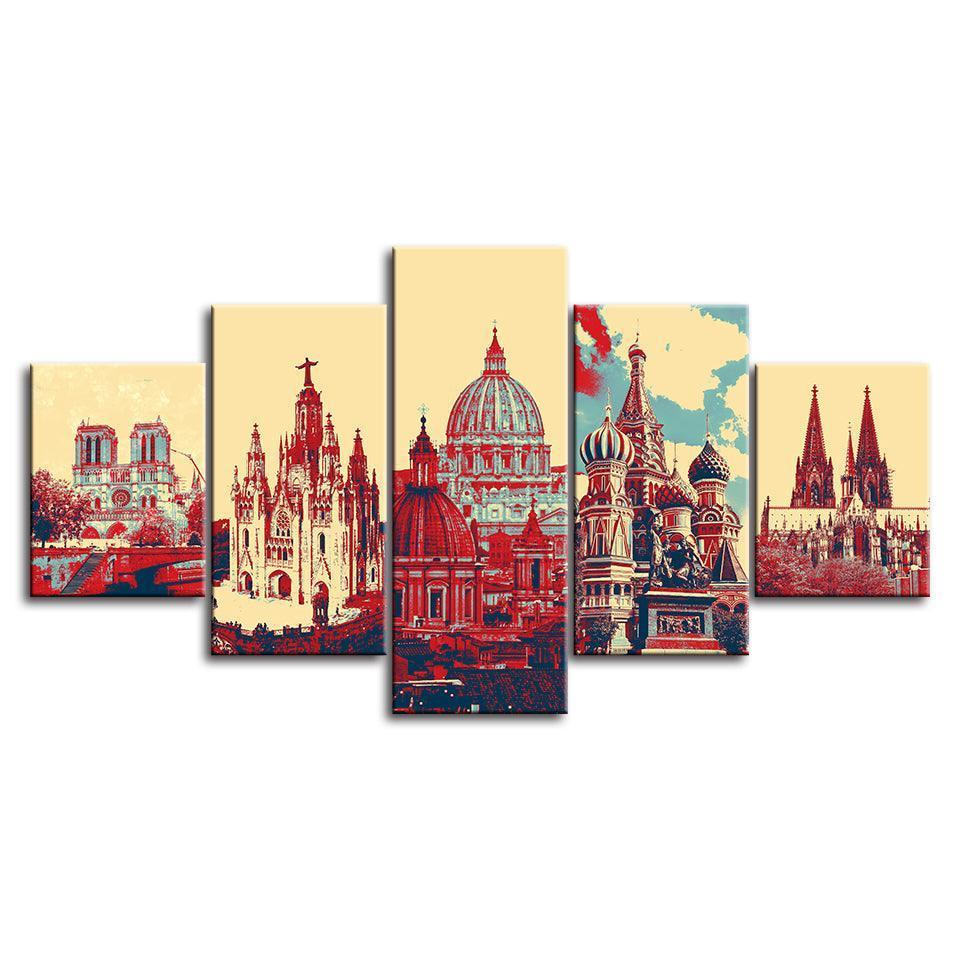 Blue And Red Landscapes Collection 5 Piece HD Multi Panel Canvas Wall Art Frame-Original Frame