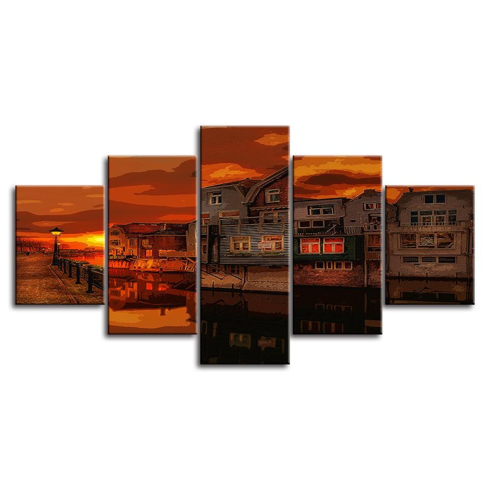 An Orange Evening In Town Collection 5 Piece HD Multi Panel Canvas Wall Art Frame-Original Frame