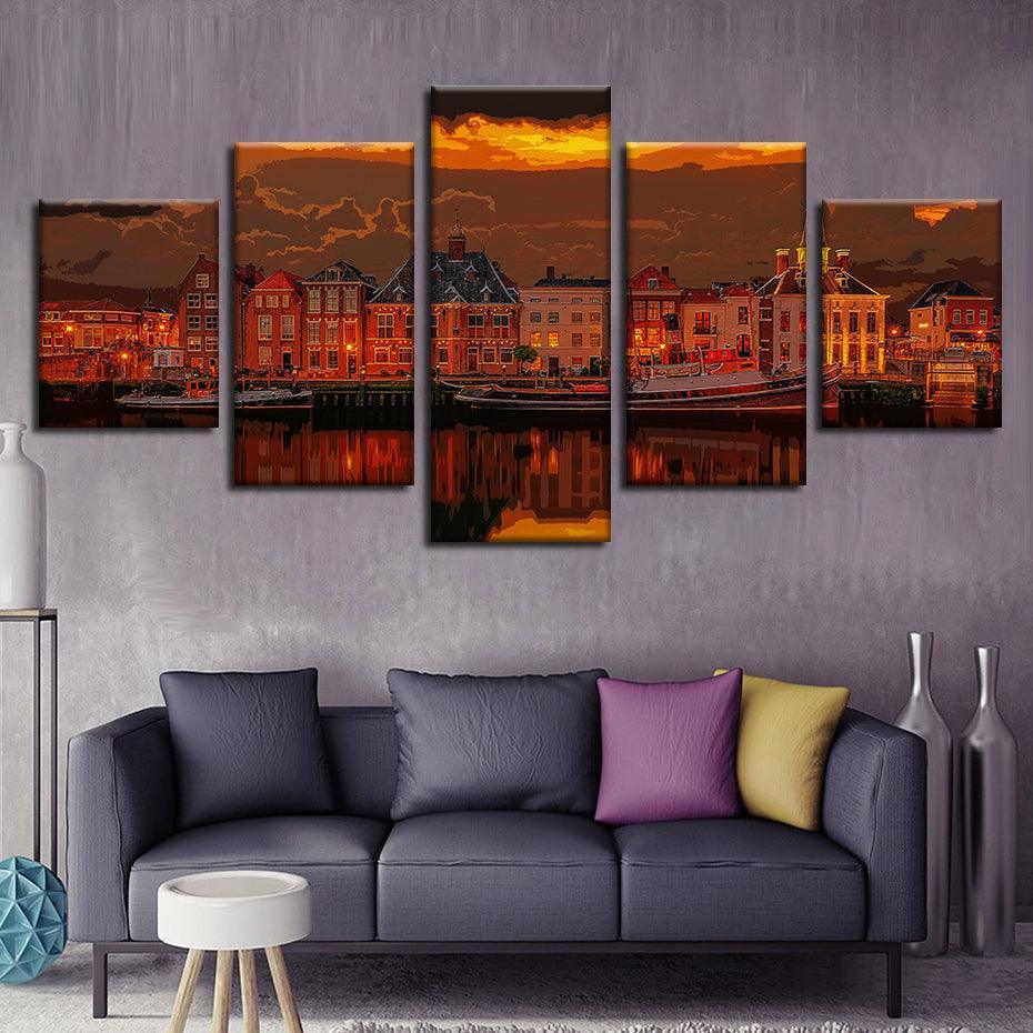 Netherlands Port 5 Piece HD Multi Panel Canvas Wall Art Frame-Original Frame