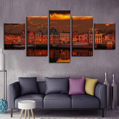 Netherlands Port 5 Piece HD Multi Panel Canvas Wall Art Frame-Original Frame