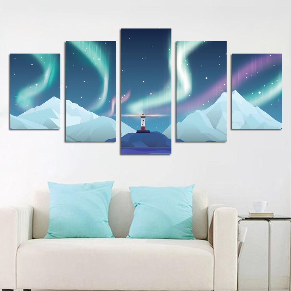 Aurora Lighthouse 5 Piece HD Multi Panel Canvas Wall Art Frame-Original Frame