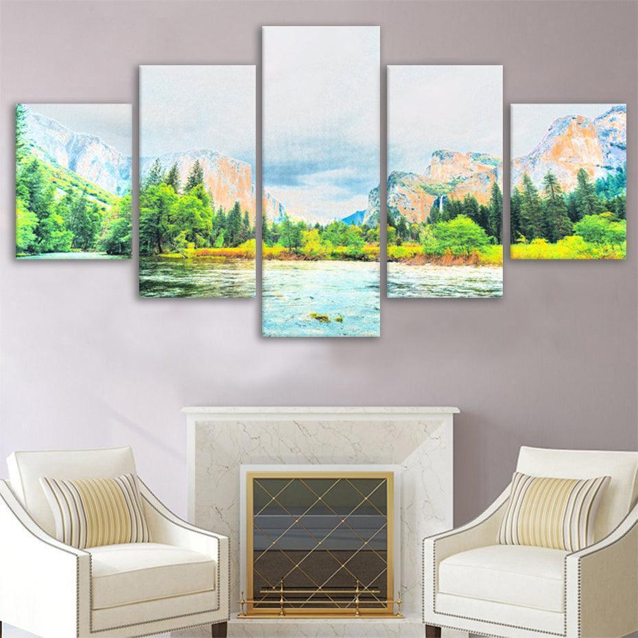 Yosemite National Park 5 Piece HD Multi Panel Canvas Wall Art Frame-Original Frame