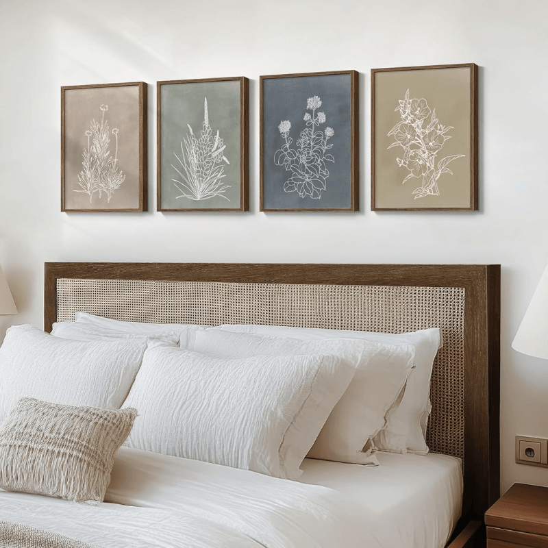 Framed Botanical Wall Art 4 Piece Rustic Floral Print Set-Original Frame