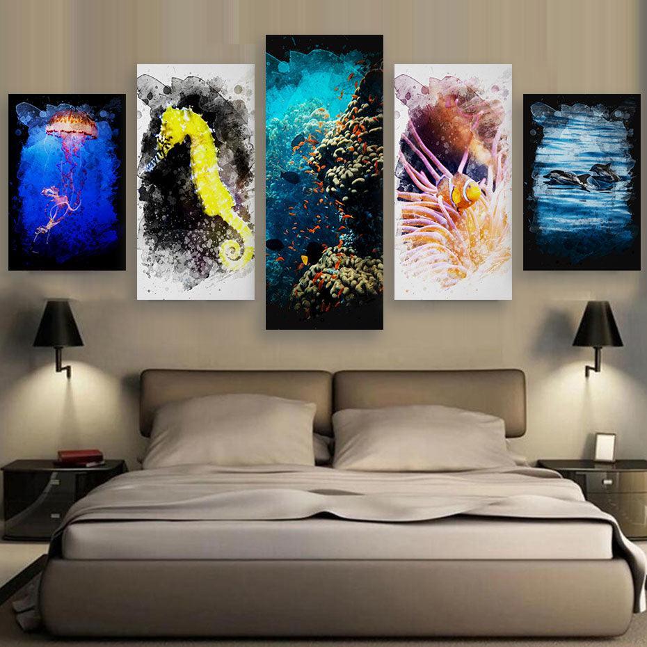 Sea Creatures 5 Piece HD Multi Panel Canvas Wall Art Frame-Original Frame
