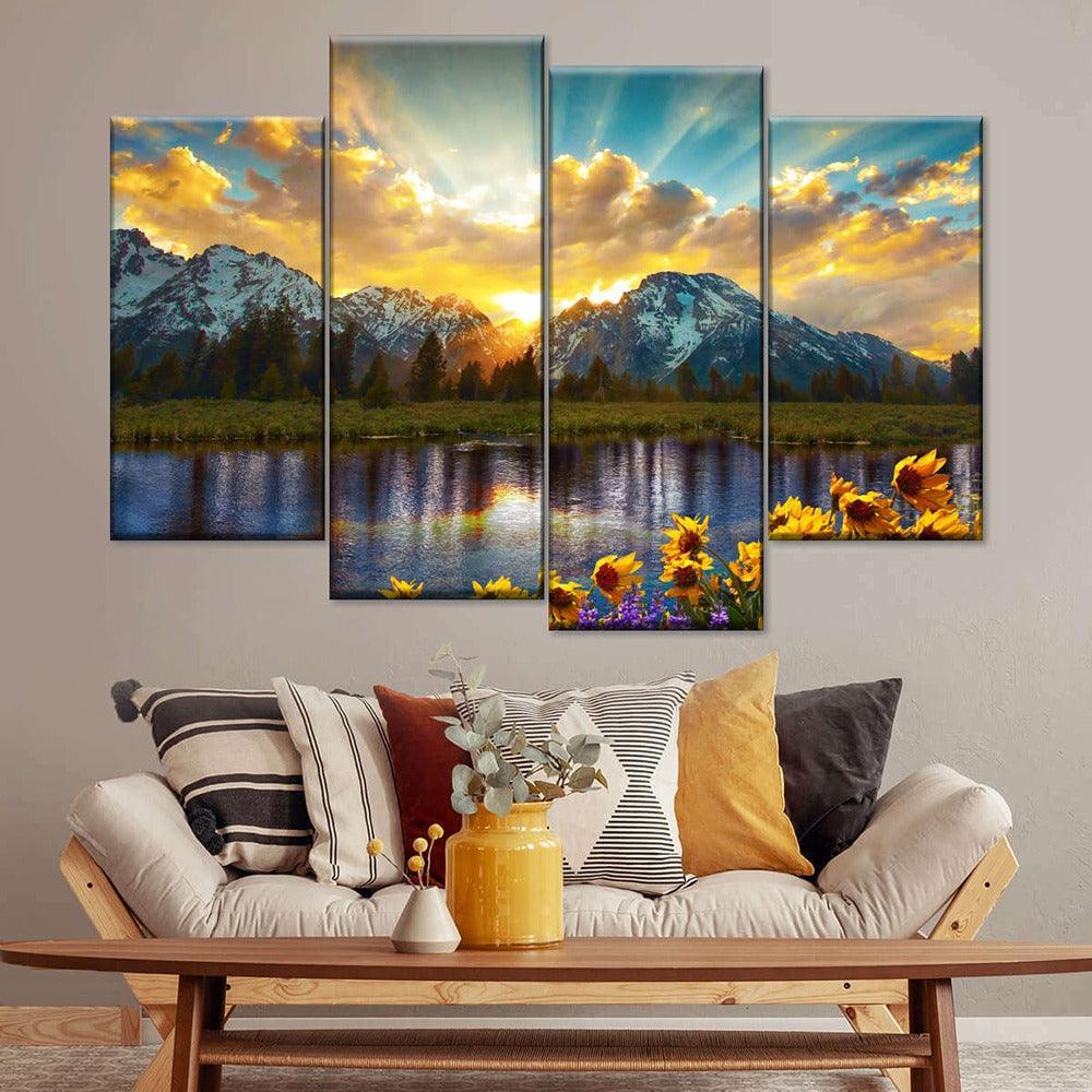 4 Pieces Landscape Mountain Lake Canvas Painting-Original Frame