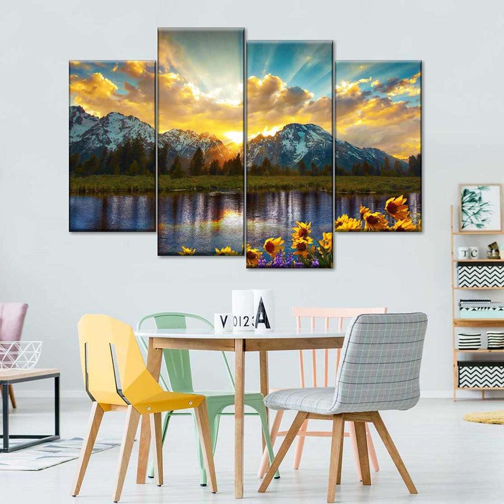 4 Pieces Landscape Mountain Lake Canvas Painting-Original Frame