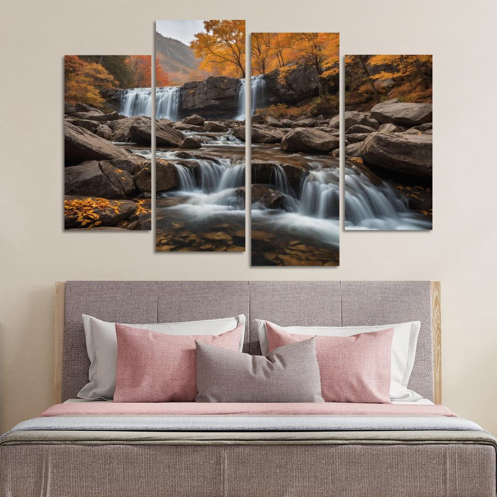The Golden Cascade Of Autumn Waterfall Multi-panel Paintings
