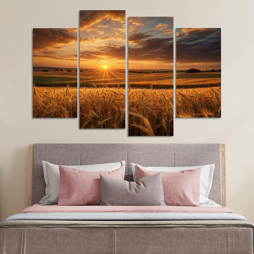 The Glorious Shades of Sunset on Rolling Fields 4 Piece HD Canvas Wall Art-Original Frame