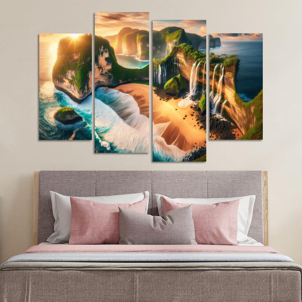 Cascading Waterfalls Beach Natural Wonder Oil Paintings Frame