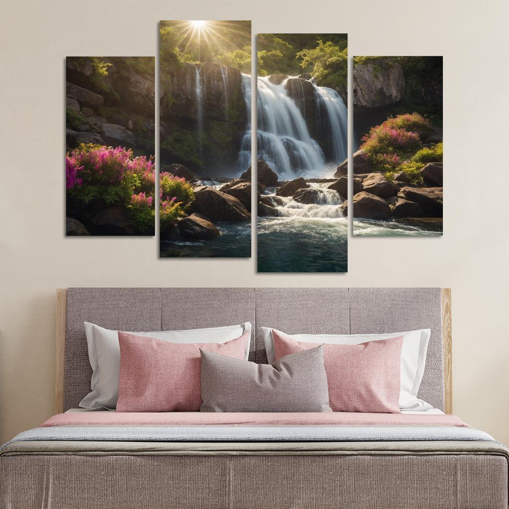 The Enchanted Cascade of Crystal Falls 4 Piece HD Canvas Wall Art-Original Frame