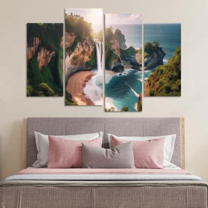 Cascading Waterfalls Beach Modern Paintings Frame