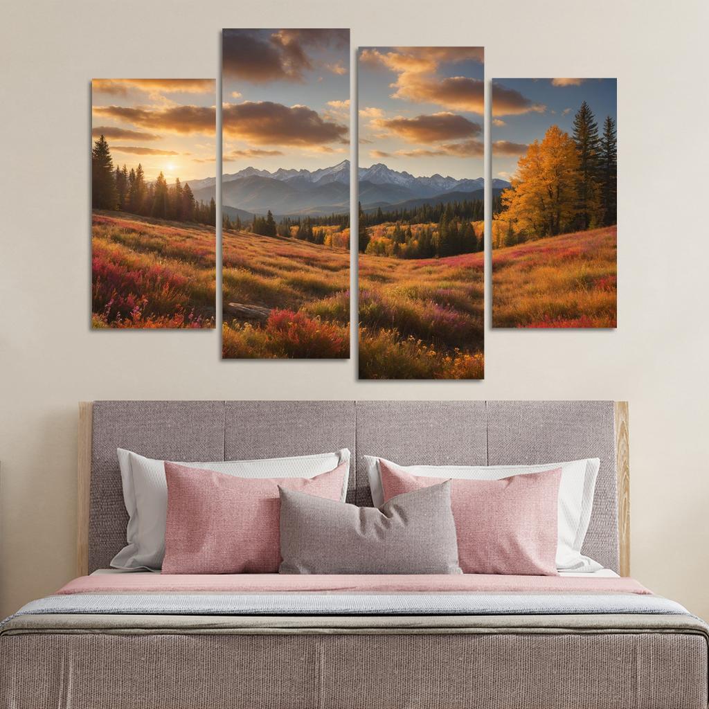 The Radiant Colors of Autumn Meadow 4 Piece HD Canvas Wall Art-Original Frame