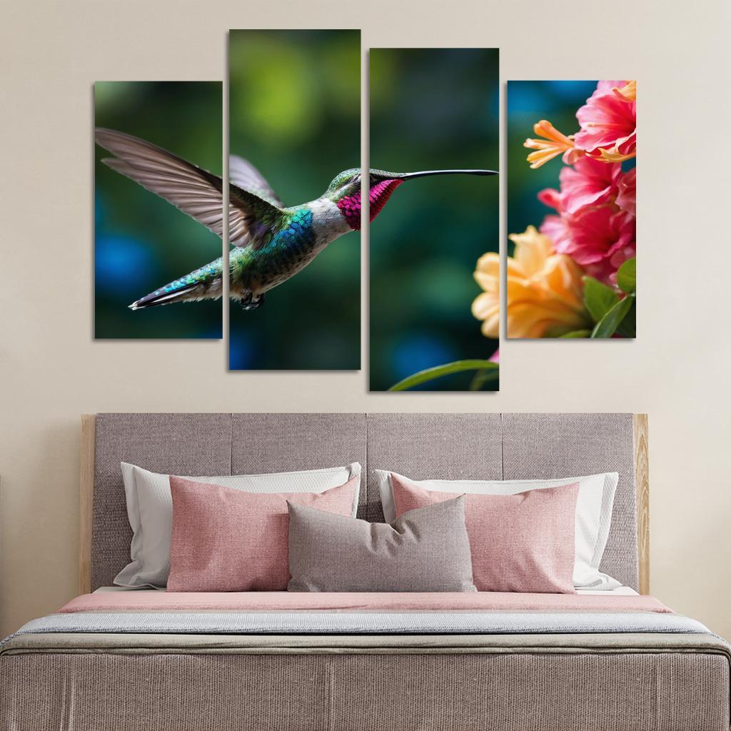 The Enchanting Hummingbird Among Tropical Flowers Framed Paintings