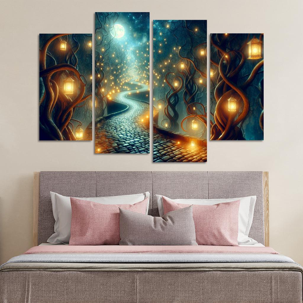 Moonlit Pathway The Journey of Shadows 4 Piece HD Canvas Wall Art-Original Frame