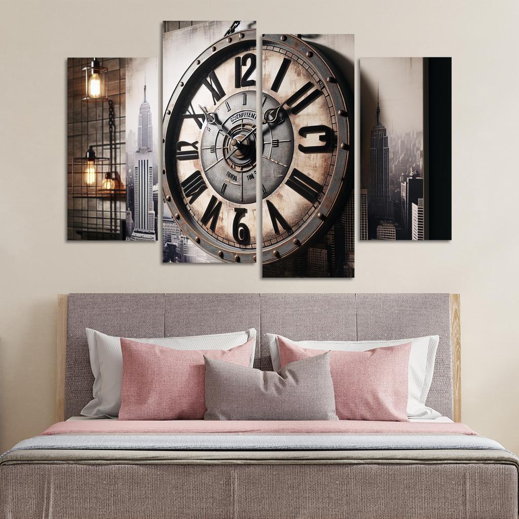 Industrial-Style Wall Clock with Distressed Finish 4 Piece HD Canvas Wall Art-Original Frame