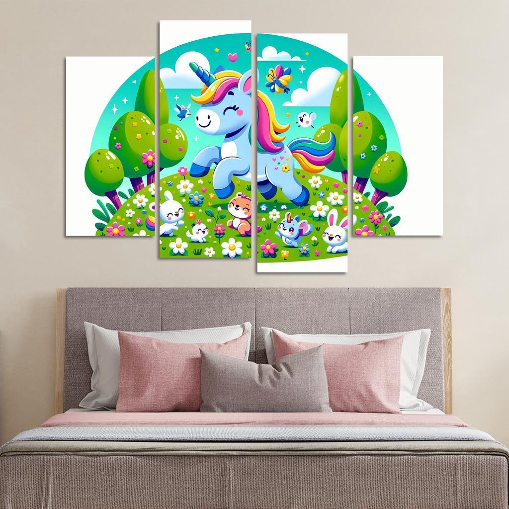 Rainbow Unicorn Friends 4 Piece HD Canvas Wall Art-Original Frame