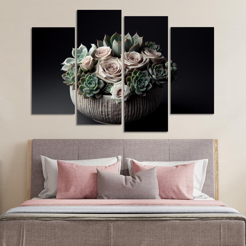 Whispers of the Desert Succulent Floral Fusion 4 Piece HD Canvas Wall Art-Original Frame