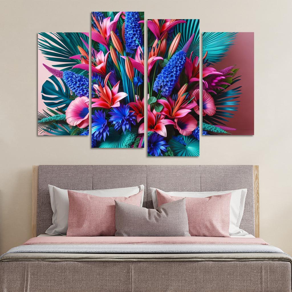 Glistening Tropics A Coastal Floral Experience 4 Piece HD Canvas Wall Art-Original Frame