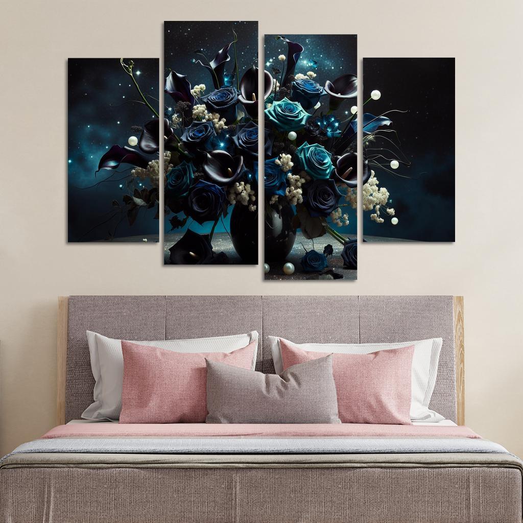 Celestial Petals A Starry Night Floral Arrangement 4 Piece HD Canvas Wall Art-Original Frame
