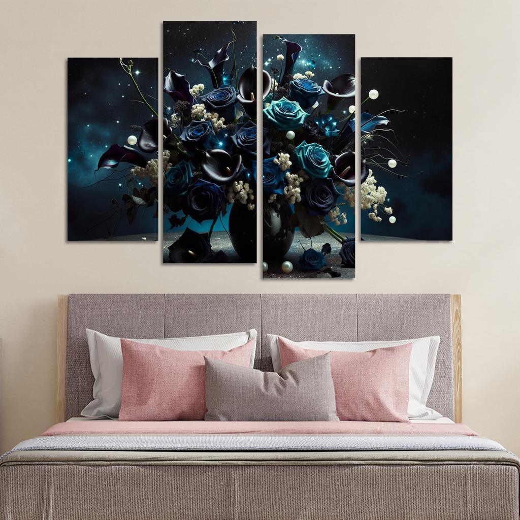 Celestial Petals A Starry Night Floral Arrangement 4 Piece HD Canvas Wall Art-Original Frame