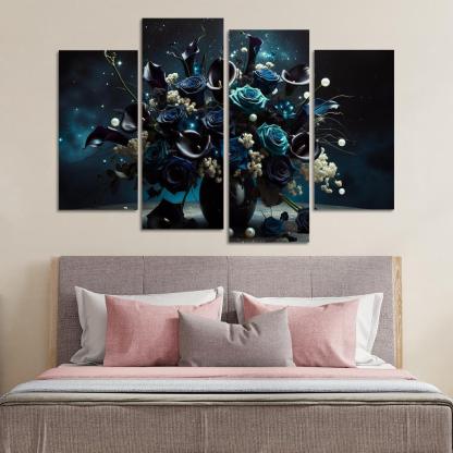 Celestial Petals A Starry Night Floral Arrangement 4 Piece HD Canvas Wall Art-Original Frame