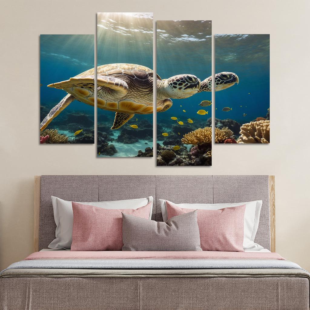 The Enigmatic Green Sea Turtle Gliding Through Coral Reefs Framed Paintings