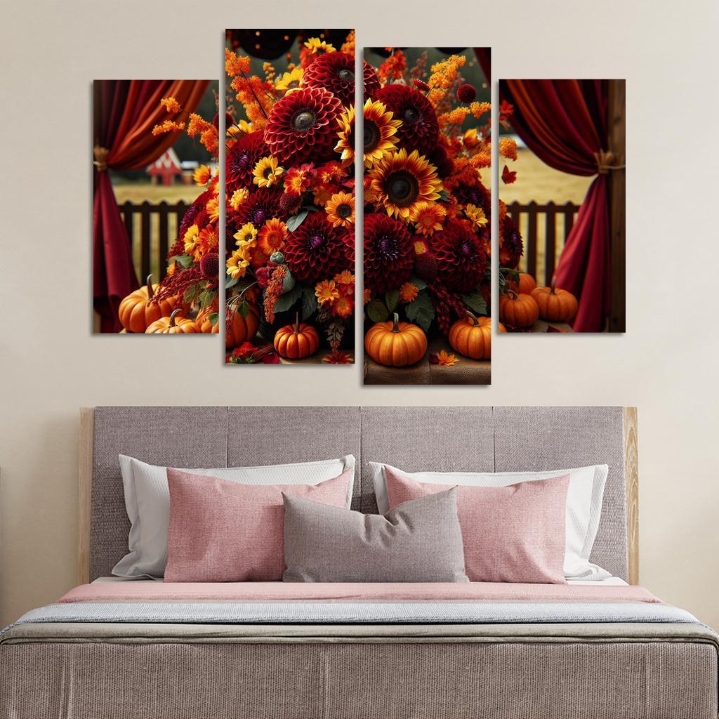 Autumn's Embrace A Seasonal Floral Bounty 4 Piece HD Canvas Wall Art-Original Frame