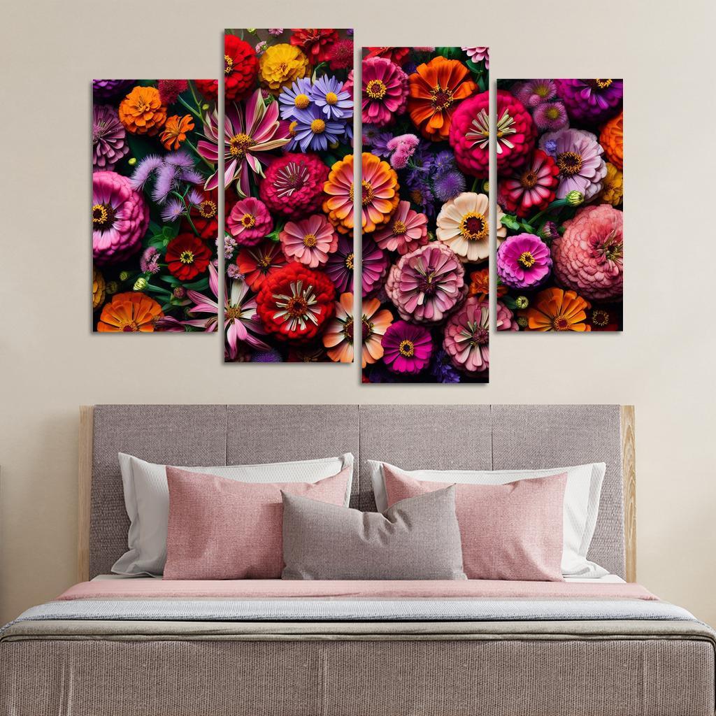 Floral Mosaic A Patchwork of Blooms 4 Piece HD Canvas Wall Art-Original Frame