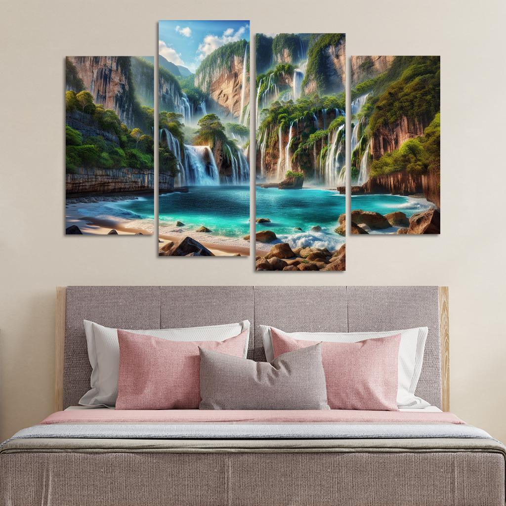 Cascading Waters Beach With Waterfalls Custom Paintings Frame