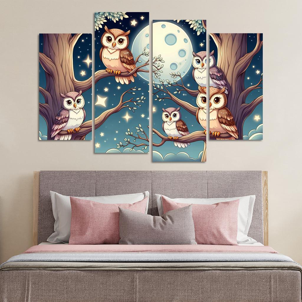 Starry Night Owls - Nighttime Whimsy Framed Paintings