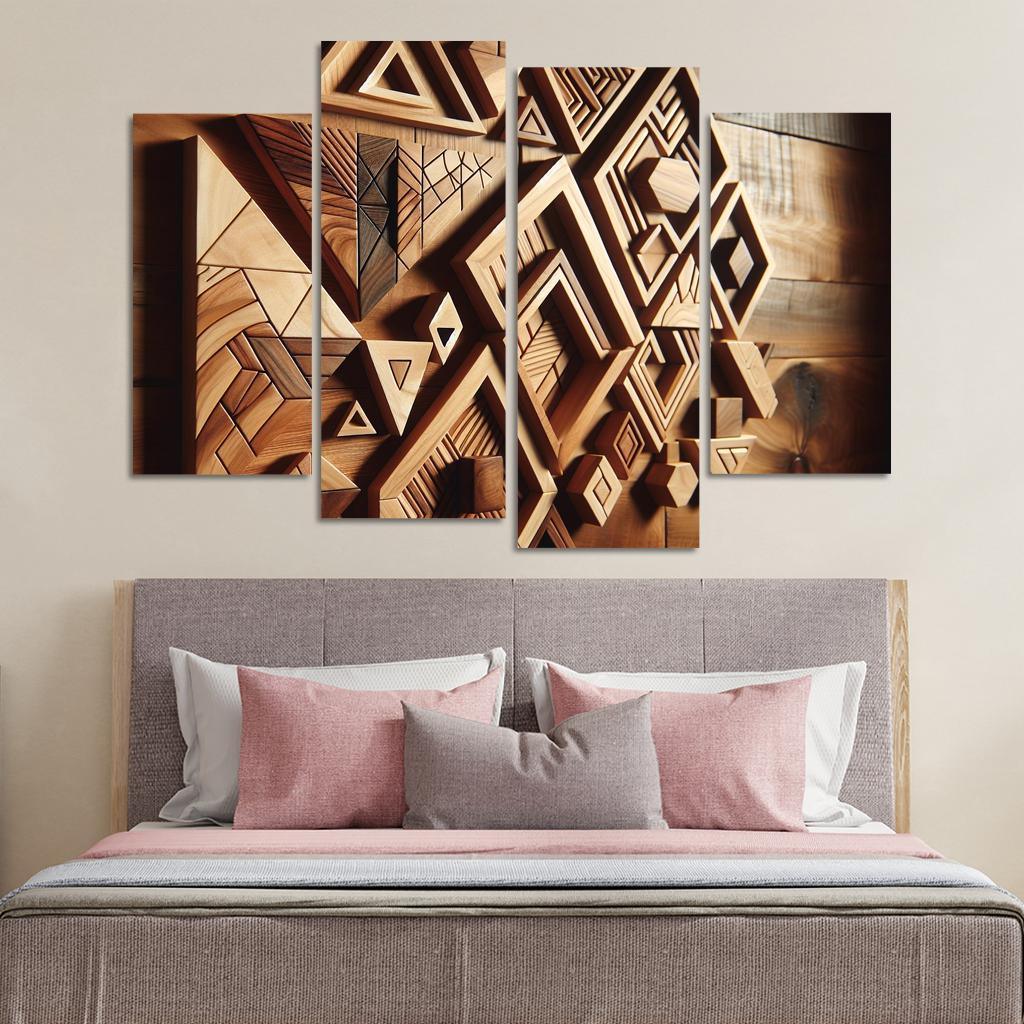 Geometric Wooden Wall Shelves 4 Piece HD Canvas Wall Art-Original Frame