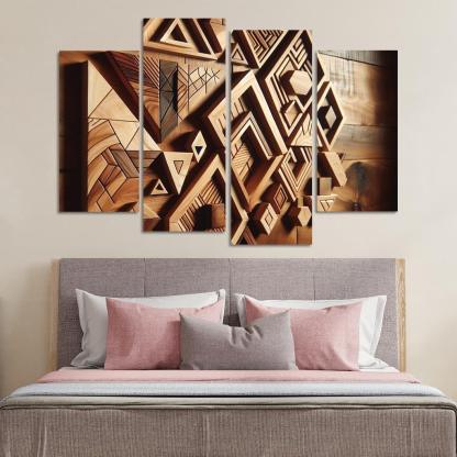 Geometric Wooden Wall Shelves 4 Piece HD Canvas Wall Art-Original Frame