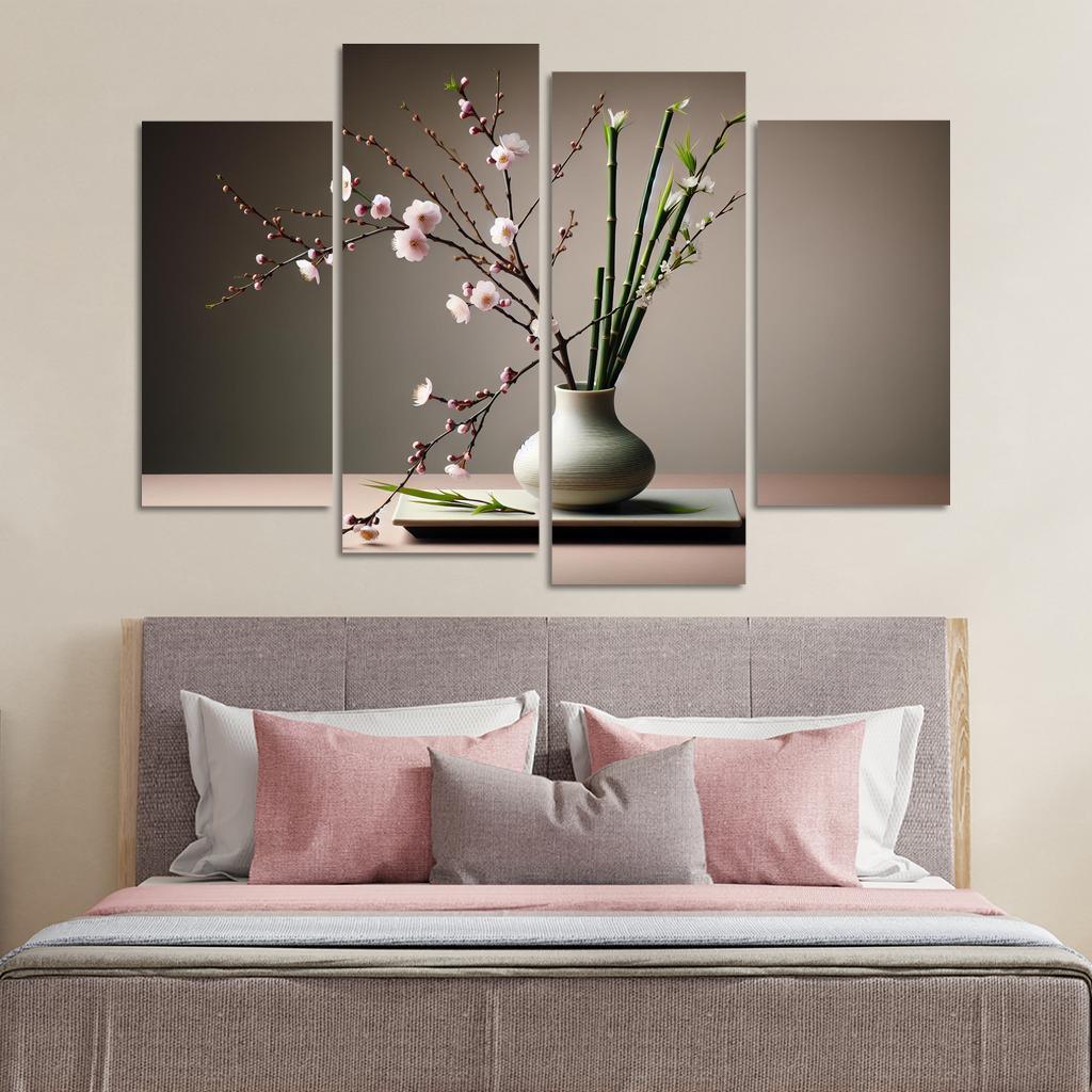Japanese Serenity Ikebana Inspired Arrangement 4 Piece HD Canvas Wall Art-Original Frame