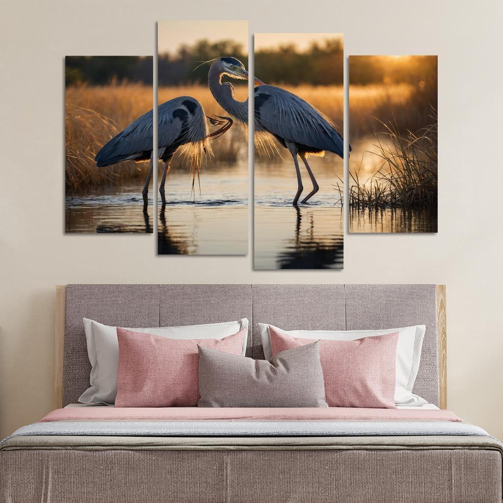 The Majestic Great Blue Heron By The Waterside Framed Paintings