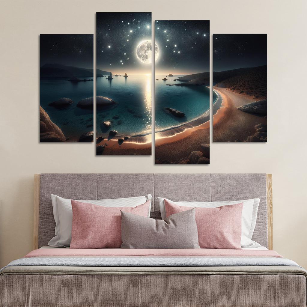 Moonlit Harbor A Coastal Retreat for Stargazers 4 Piece HD Canvas Wall Art-Original Frame