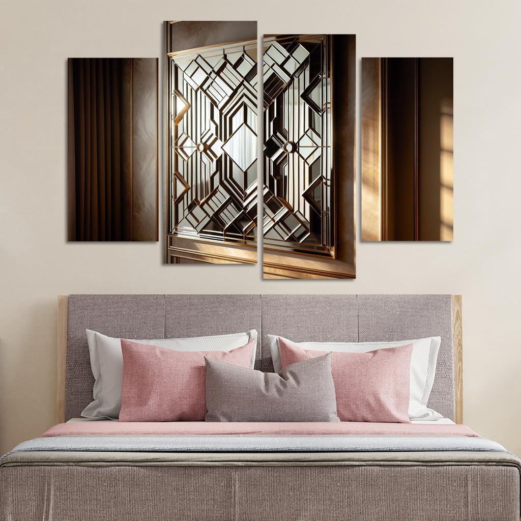 Art Deco Mirror with Geometric Design 4 Piece HD Canvas Wall Art-Original Frame