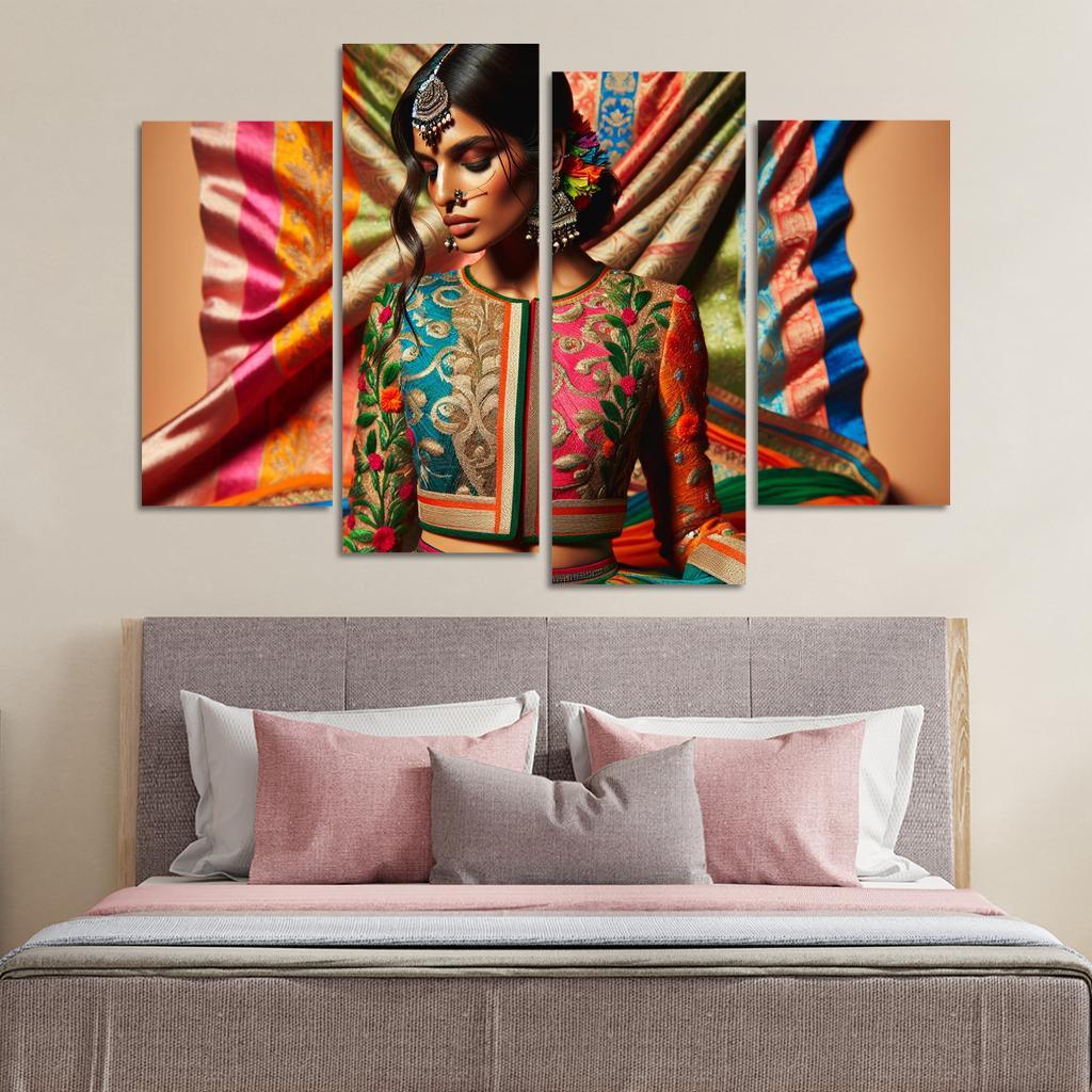 Ethnic Fusion Blending Cultures in Fashion 4 Piece HD Canvas Wall Art-Original Frame