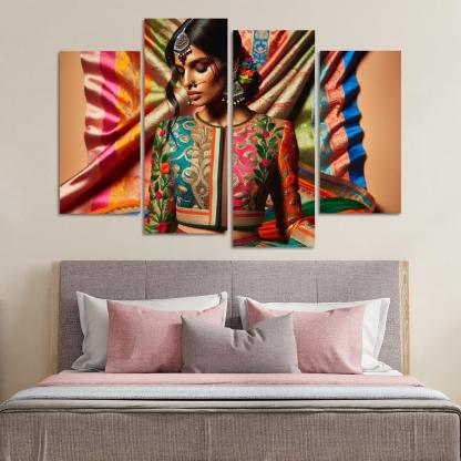 Ethnic Fusion Blending Cultures in Fashion 4 Piece HD Canvas Wall Art-Original Frame