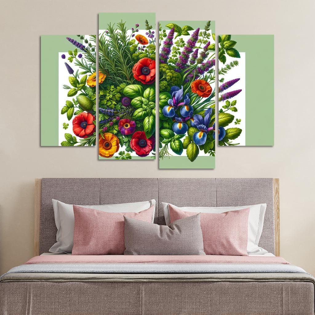 Aromatic Garden The Herb and Blossom Fusion 4 Piece HD Canvas Wall Art-Original Frame