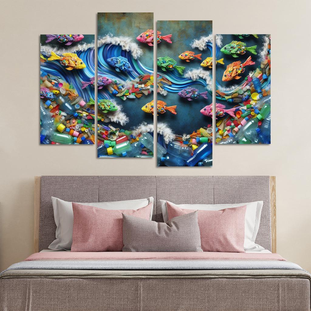 Plastic Ocean Art for Ocean Conservation 4 Piece HD Canvas Wall Art-Original Frame
