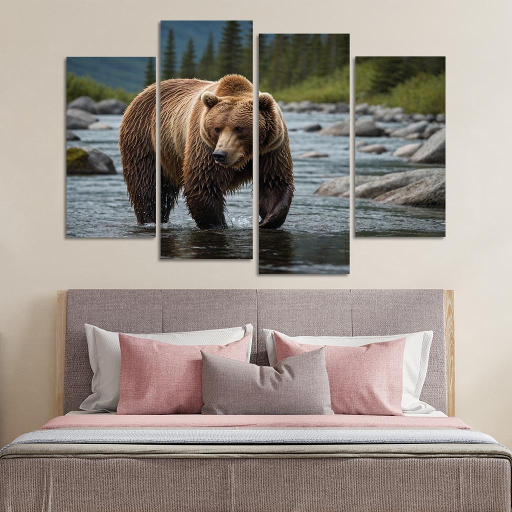 The Majestic Alaskan Brown Bear In A Mountain Stream Framed Paintings