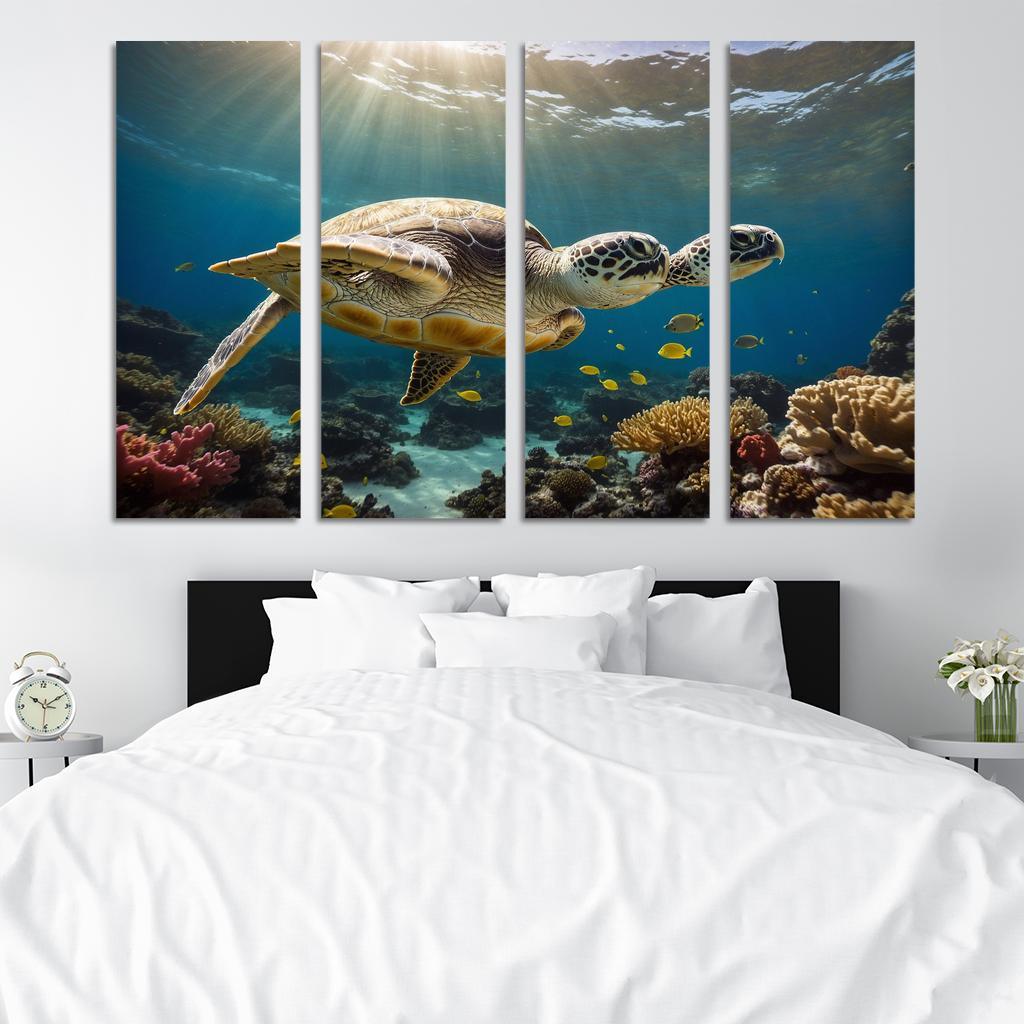 The Enigmatic Green Sea Turtle Gliding Through Coral Reefs Framed Paintings