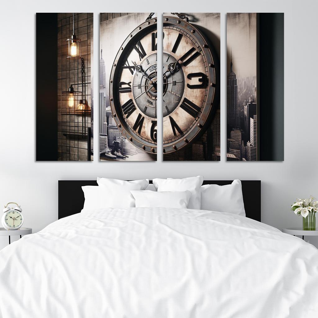 Industrial-Style Wall Clock with Distressed Finish 4 Piece HD Modern Canvas Panels-Original Frame