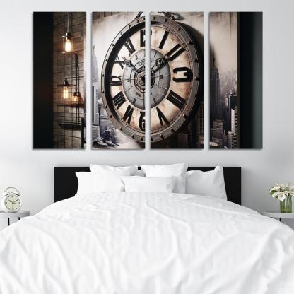Industrial-Style Wall Clock with Distressed Finish 4 Piece HD Modern Canvas Panels-Original Frame